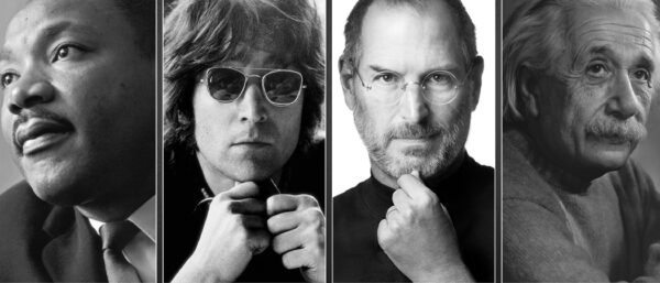 Portraits of Martin Luther King Jr., John Lennon, Steve Jobs, and Albert Einstein—visionaries who exemplify self-awareness and the power of character strengths like leadership, creativity, curiosity, and perseverance.