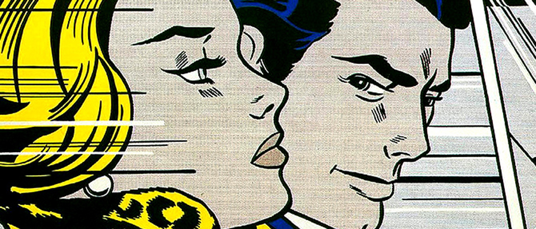 Pop art painting of a worried woman sitting in a car, depicted in bold, graphic style by Roy Lichtenstein.