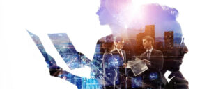 Futuristic collaborative workplace with diverse professionals engaged in discussion, representing a mentally fit and high-performing workforce.