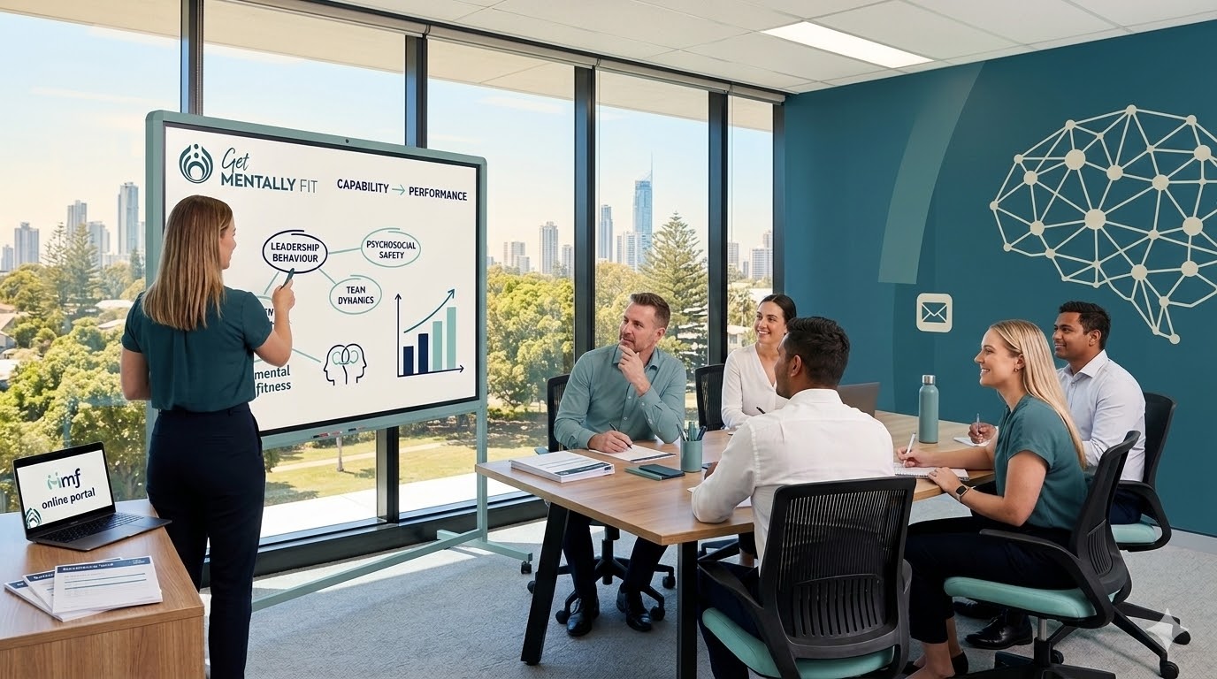 A diverse group of professional middle managers and a workplace psychologist facilitator engaged in a leadership coaching session around a wooden table. They are discussing a whiteboard that illustrates the transition from resilience to performance.