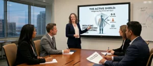Get Mentally Fit presenting a corporate strategy titled "The Active Shield" to a team in a boardroom. The presentation focuses on mitigating psychosocial injuries like high demand and lack of role clarity to reduce workplace absenteeism.