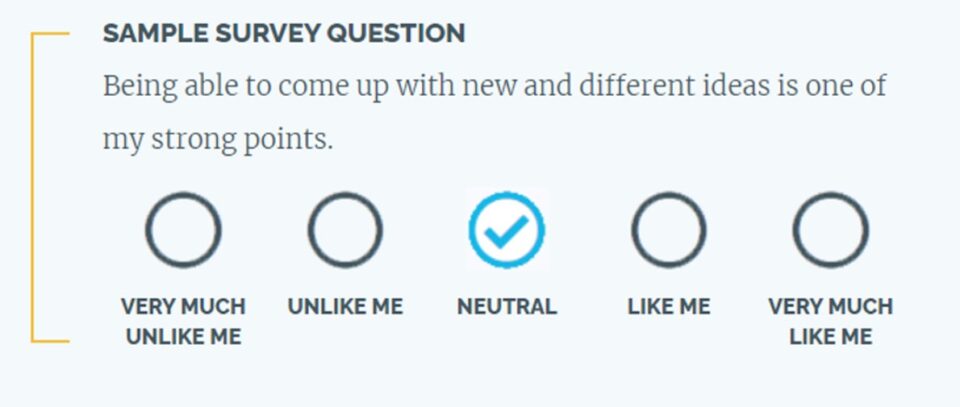 “Example question from the VIA Character Strengths Survey used to assess personal traits and identify top character strengths.”