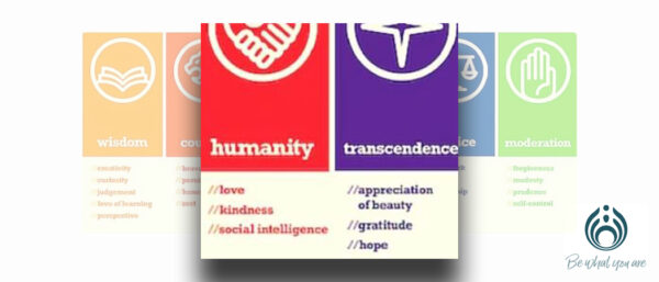 “Diagram showing the 6 VIA virtues—Wisdom, Courage, Humanity, Justice, Temperance, and Transcendence—that organise the 24 character strengths.”
