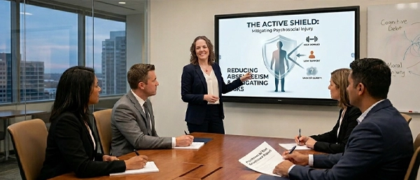 A professional woman stands at a digital screen in a boardroom, presenting "The Active Shield: Mitigating Psychosocial Injury." The screen shows a human silhouette protected by a shield from arrows labeled "High Demand," "Low Support," and "Lack of Clarity." Four colleagues sit at a wooden table, listening and taking notes in an office with city views.