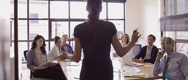 A woman stands at the head of a sunlit boardroom table, seen from behind as she leads a presentation. Five professional colleagues are seated around the table, listening intently with focused and contemplative expressions. The scene conveys a sense of high-level accountability, transparency, and professional governance.