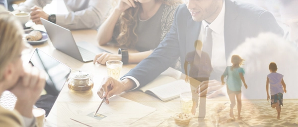 A professional man in a boardroom meeting, overlaid with a scene of him running joyfully on the beach with his family.