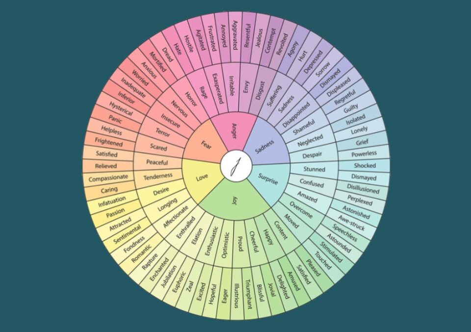 An illustrated emotion wheel displaying a range of core and nuanced emotions, grouped by emotional categories.