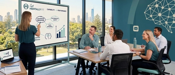 A professional woman stands at a digital whiteboard in a sunlit office, pointing to a diagram that links "Leadership Behaviour," "Team Dynamics," and "Psychosocial Safety" to a growth chart. Five colleagues sit at a conference table, listening and taking notes, with a city skyline visible through the large windows behind them.