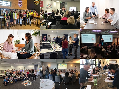 A professional photo collage showcasing the Get Mentally Fit approach, including industrial team photos, corporate workshops, one-on-one wellbeing assessments, and large group training sessions. Psychosocial Risk Management supports.