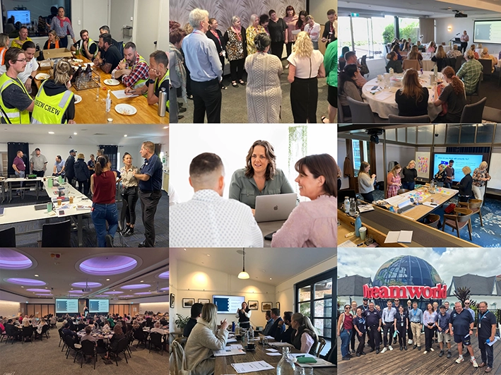 A 3x3 photo collage showcasing diverse, real-world corporate training and team-building sessions. It features office employees collaborating around workshop tables, operational staff in high-visibility vests engaged in group discussions, a woman presenting with a laptop, large interactive seminar rooms, and a group standing together outside the Dreamworld globe.