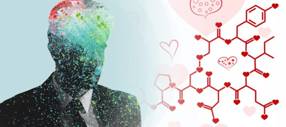 Abstract illustration of a man's head with neural connection patterns and heart symbols representing mood-boosting brain chemicals.