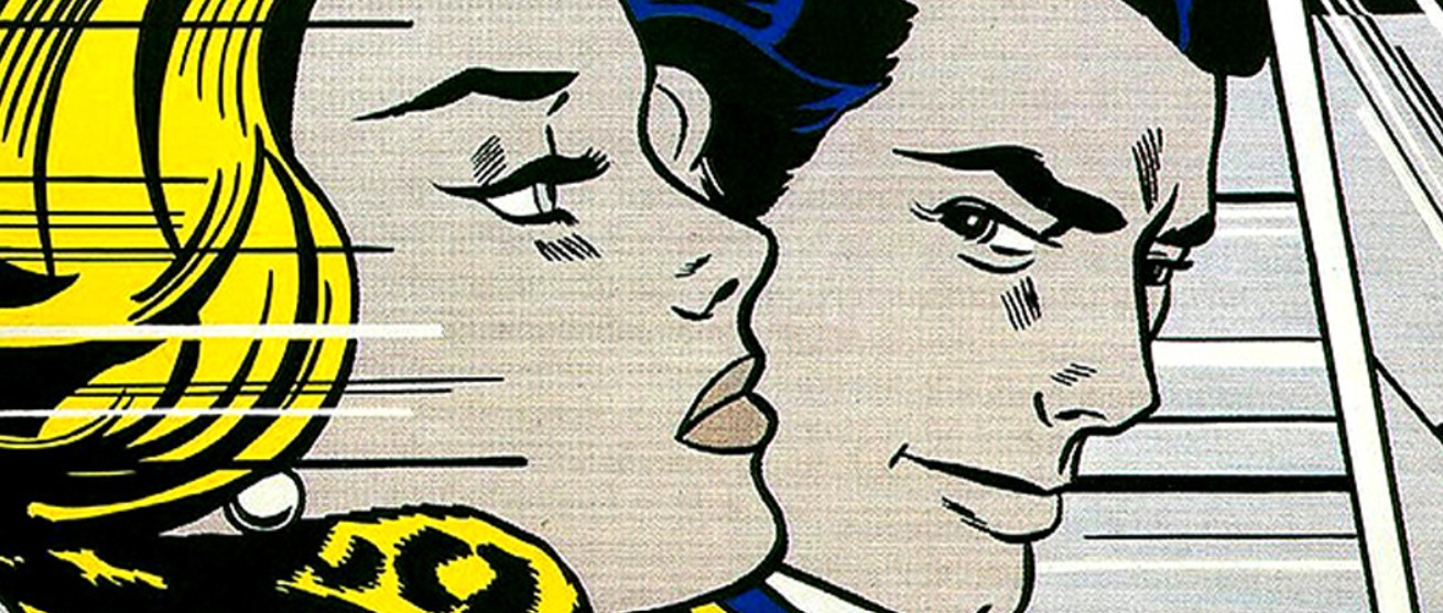 Pop art painting of a worried woman sitting in a car, depicted in bold, graphic style by Roy Lichtenstein.
